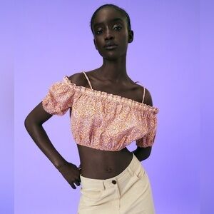 Zara Floral Lace Trim Printed Puff Sleeve Crop Cotton Blouse Top - Large